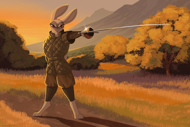 ambiguous_gender anthro barefoot belt bottomwear brown_eyes clothed clothing detailed_background ears_up epee_(sword) facial_markings feet frown fully_clothed fur glistening_metal grass grey_body grey_fur hand_behind_back head_markings head_tuft high_collar holding_melee_weapon holding_object holding_sword holding_weapon jacket markings mask_(marking) melee_weapon metal mountain narrowed_eyes pants path plant pointing_sword rim_light sky solo standing sunset sword topwear tree tuft weapon white_body white_fur hiverdose aupin_(hiverdose) hare lagomorph leporid mammal digital_media_(artwork) full-length_portrait hi_res portrait nonbinary_(lore)