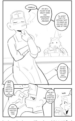 anthro biped cigarette clothed clothing dialogue duo eating eating_food eyes_closed male smoking smoking_cigarette text sincastermon vanilla_(sincastermon) haplorhine mammal monkey primate comic english_text hi_res monochrome