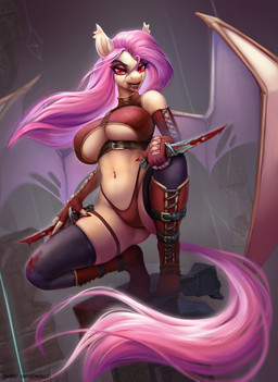 anthro armwear black_eyeliner blood blood_on_face blood_on_knife bodily_fluids boots breasts clothing crouching dagger elbow_gloves eyeliner fangs female fingerless_gloves footwear gloves hair handwear knee_boots knee_highs knife legwear long_hair long_nails looking_at_viewer makeup melee_weapon membrane_(anatomy) membranous_wings pink_hair pupils red_eyes shoes slit_pupils solo stockings teeth thigh_highs thong under_boob underwear weapon wings dacsy friendship_is_magic hasbro my_little_pony flutterbat_(mlp) fluttershy_(mlp) bat_pony equid mammal absurd_res hi_res