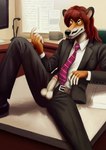 anthro balls beckoning belt black_business_suit chair clothed clothing computer computer_monitor countershading desk electronics erection facial_hair fur furniture genitals gesture hair heterochromia male microphone necktie office office_chair open_belt orange_body orange_fur partially_clothed pattern_necktie penis red_hair smile solo striped_necktie table jesu_cito dasyuromorph mammal marsupial recently_extinct_species thylacine 2024 digital_media_(artwork) hi_res