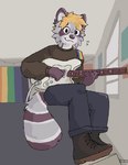 anthro blonde_hair boots bottomwear clothed clothed_anthro clothed_male clothing day electric_guitar emanata facial_markings fingers footwear front_view fully_clothed fully_clothed_anthro fully_clothed_male fur grey_body grey_face grey_fur guitar guitar_strap hair head_markings holding_guitar holding_musical_instrument holding_object inside lgbt_pride looking_at_viewer male male_anthro markings mask_(marking) mouth_closed musical_instrument pants playing_guitar playing_music plucked_string_instrument ring_(marking) ringed_tail shoes sitting solo string_instrument striped_markings striped_tail stripes sweater tail tail_markings topwear window sneasul mammal procyonid raccoon 2023 absurd_res digital_drawing_(artwork) digital_media_(artwork) full-length_portrait hi_res portrait