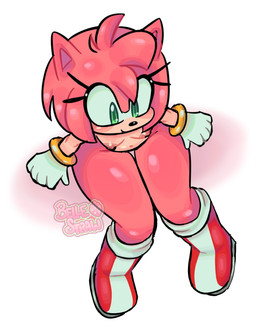 anthro boots bracelet clothing eyelashes female footwear fur gloves green_eyes handwear jewelry mostly_nude_female navel pink_body pink_fur shoes smile solo thick_thighs bellestraw44 sega sonic_the_hedgehog_(series) amy_rose eulipotyphlan hedgehog mammal hi_res watermark