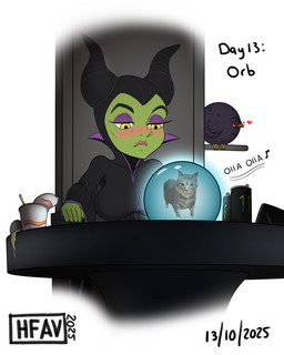 big_breasts black_clothing black_horn black_robe blush blush_lines breasts chair clothing cosplay crystal_ball eyelashes eyeshadow female food furniture green_body green_skin horn instant_noodles makeup monster_energy_can noodles purple_eyeshadow robe simple_background sitting solo text throne white_background yellow_eyes h-fav disney gobtober monster_energy pondering_my_orb sleeping_beauty_(1959) maleficent avian bird goblin horned_humanoid humanoid 2025 4:5 absurd_res hi_res