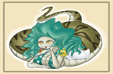 apode big_hair bikini brown_markings clothing eyelashes fangs female forked_tongue front_view green_bikini green_body green_clothing green_hair green_scales green_swimwear grey_body grey_scales hair legless lying markings on_front pupils scales serpentine simple_background slit_pupils smile solo split_form swimwear tan_background teeth tongue tongue_out two-piece_swimsuit yellow_eyes untaxedcroc one_piece boa_sandersonia animal_humanoid draconcopode humanoid lamia reptile reptile_humanoid scalie scalie_humanoid snake snake_humanoid absurd_res hi_res