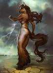 anthro bikini bra brown_body brown_fur brown_hair clothed clothing cloud collar feathering female fetlocks fur hair hooves jewelry lightning_bolt lingerie long_tail looking_back native_american necklace outside skimpy solo standing storm string_bikini swimwear tail tribal two-piece_swimsuit underwear levelviolet mehndi_candela equid equine horse mammal cloudy_(disambiguation) digital_media_(artwork) shaded