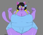 anthro belly big_belly big_breasts big_butt black_hair black_nose blue_hair breasts butt cleavage clothed clothing ear_piercing eye_through_hair eyelashes fangs female fur grey_background hair highlights_(coloring) huge_breasts huge_butt huge_hips huge_thighs looking_at_viewer obese obese_anthro open_mouth open_smile overalls overweight overweight_anthro overweight_female piercing purple_body purple_fur purple_tail simple_background smile tail teeth thick_thighs translucent translucent_hair wide_hips yellow_sclera cassettewaves undertale_(series) catty_(undertale) domestic_cat felid feline felis mammal hi_res