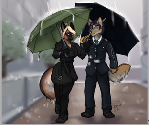 anthro black_body black_bottomwear black_clothing black_coat black_footwear black_fur black_hair black_pants black_shoes black_suit black_topwear blonde_hair bottomwear breasts brown_body brown_fur clothing coat duo female footwear fur green_eyes green_necktie grey_body grey_fur hair holding_object holding_umbrella male medium_breasts multicolored_body multicolored_fur necktie outside pants raining standing suit topwear two_tone_body two_tone_fur umbrella wet hanazawa aaron_dallas dora_schutzhund canid canine canis coyote domestic_dog german_shepherd herding_dog mammal pastoral_dog 2023