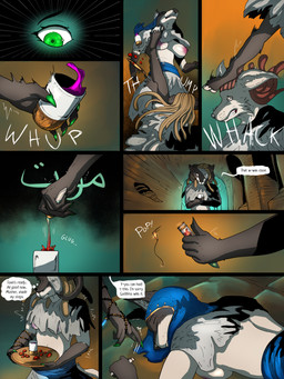 1_eye 4_fingers 5_fingers anthro blonde_hair container cup dialogue dreadlocks female fingers fur green_eyes group hair jumping kick liquid multicolored_body multicolored_fur poison text trio two_tone_body two_tone_fur violence tyunre nafisa_vharr_antrelys bovid canid caprine mammal 3:4 arabic_text comic hi_res
