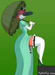 anthro clothing dress exposed_leg female footwear hat headgear headwear high_heels legwear parasol shoes solo stockings thick_thighs the_slimy_dude adult_swim cartoon_network unicorn:_warriors_eternal june_way canid canine fox mammal hi_res