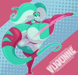 anthro big_breasts big_butt biped breasts butt clothed clothing female glistening glistening_body green_body huge_butt huge_hips huge_thighs kick legwear multicolored_body red_clothing simple_background solo text thick_thighs thong underwear wide_hips bigdon1992 vijounne_(cyberlord1109) alien absurd_res hi_res