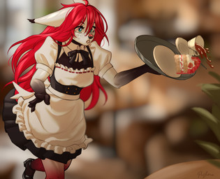 5_fingers anthro beverage biped blue_eyes breasts cake claws clothed clothed_anthro clothed_female clothing coffee container cup dessert female finger_claws fingers food footwear front_view fur hair holding_object inside open_mouth plant plate red_hair shoes solo standing white_body white_fur pizhma canid canine fox mammal 2026 digital_drawing_(artwork) digital_media_(artwork) hi_res