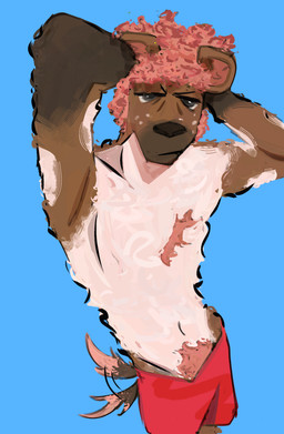 bottomwear clothing hair male markings pink_hair scruffy shorts solo spots spotted_body tail tail_motion tailwag hyenateeth hyena mammal hi_res
