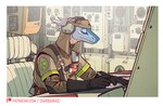 anthro biped blue_body book clothing detailed_background drawing electronics gloves handwear headphones horn inside male paper sitting solo text tired tired_eyes writing_utensil darbaras lizard reptile scalie 2023 colored hi_res unknown_language url