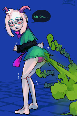 2_horns adolescent anthro barefoot biped black_clothing black_eyebrows black_eyes black_sweater black_topwear blue_background blush bodily_fluids bulge butt clothed clothed_anthro clothed_male clothing crossdressing curved_horn dialogue eyebrows eyewear fart fart_cloud feet femboy fingers flesh_fang floppy_ears fur furgonomics glasses green_clothing green_eyewear green_fart_cloud green_glasses green_robe green_text horn knock-kneed long_sleeves male male_anthro male_farting onomatopoeia open_mouth panties pink_tongue plantigrade purple_clothing purple_horn purple_panties purple_scarf purple_underwear robe round_glasses scarf scut_tail shaking short_tail simple_background snout solo sound_effects standing sweat sweater sweaty_face tail talking_to_self text tongue topwear trembling underwear white_body white_ears white_fur white_tail white_text young young_anthro young_male usagaijin deltarune undertale_(series) ralsei bovid caprine mammal 2021 absurd_res dated english_text handwritten_text hi_res signature