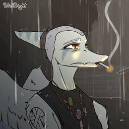 anthro black_clothing black_lips blinking bodily_fluids bone_frill brown_eyes buzz_cut cigarette city city_background clothing crying fangs feathered_wings feathers female frill_(anatomy) glistening glistening_eyes grey_body grey_feathers grey_hair hair jewelry lips looking_up markings necklace raining sad simple_background sleeveless_shirt smoke smoking snout solo tattoo tears teeth text trash_can wings taiarts cavemanon_studios goodbye_volcano_high ko_op_(game_developer) snoot_game fang_(gvh) prehistoric_species pterosaur reptile scalie 1:1 2024 2d_animation animated artist_name bust_portrait digital_media_(artwork) loop portrait