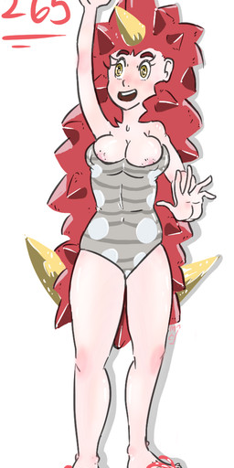 alternate_species areola breasts cleavage clothed clothing female flip_flops footwear humanized nipple_outline nipples not_furry one-piece_swimsuit open_mouth partially_clothed pokemorph raised_arm sandals shoes simple_background smile solo standing swimwear teeth yellow_eyes kyaramerucocoa nintendo pokemon generation_3_pokemon human mammal pokemon_(species) wurmple 2015 digital_media_(artwork) hi_res
