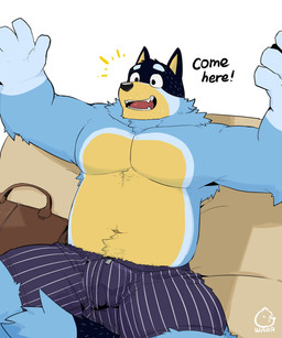 anthro bag belly big_muscles bulge clothed clothing emanata eyebrows fur furniture inviting kemono male musclegut muscular muscular_anthro muscular_male navel on_sofa open_mouth open_smile pecs sitting smile sofa solo teeth text thick_thighs tongue topless topless_anthro topless_male tuft underwear underwear_only warr bluey_(series) bandit_heeler australian_cattle_dog canid canine canis cattledog domestic_dog herding_dog mammal pastoral_dog 2024 absurd_res english_text hi_res