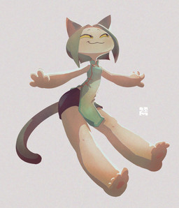 4_toes :3 anthro arms_out barefoot black_tail bottomwear clothing feet female hindpaw pawpads paws pink_inner_ear plantigrade shorts simple_background smile smug smug_face soles solo tail toes topwear yellow_eyes fu_go_fu_go felid feline felis mammal hi_res