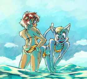 anthro back-tie_bikini beach bikini blonde_hair blue_body blue_eyes blue_fur blue_sky blush blush_lines brown_body brown_fur bulge clothing cloud crossgender duo eyeshadow female female/female flat_chested fur fur_tuft gold_bikini gynomorph hair halter_bikini intersex looking_at_viewer looking_back low-angle_view makeup male mtf_crossgender neck-tie_bikini raised_tail red_hair sea sky slightly_chubby slim swimwear tail tail_over_bikini transformation tuft two-piece_swimsuit water zottgrammes golden_week parappa_the_rapper sony_corporation sony_interactive_entertainment um_jammer_lammy katy_kat lammy_lamb bovid caprine felid feline mammal sheep absurd_res hi_res