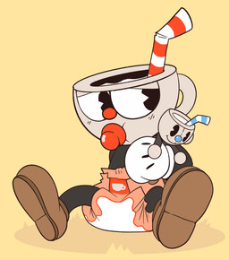 abdl black_clothing black_shirt black_topwear brown_clothing brown_footwear brown_shoes character_plushie clothing diaper doll drinking_straw footwear for_a_head gloves handle handwear holding_object holding_plushie holding_toy male object_in_mouth pacifier pacifier_in_mouth plushie red_diaper shirt shoes solo stitch_(sewing) topwear toy white_clothing white_gloves white_handwear bubblepuppers cuphead_(game) studio_mdhr cuphead_(character) mugman animate_inanimate humanoid inanimate_object object_head absurd_res hi_res