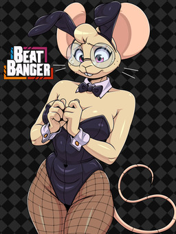 4_fingers anthro big_ears black_background black_bow_tie black_clothing bodily_fluids bottomwear bow_ribbon bow_tie breasts bunny_costume checkered checkered_background cleavage clothed clothed_anthro clothed_female clothing collarbone costume eyebrows eyelashes eyewear fake_ears fake_rabbit_ears female female_anthro fingers fishnet_bottomwear fishnet_clothing fishnet_legwear freckled_face freckles front_view fur glasses grey_background hair legwear long_eyelashes medium_breasts multicolored_ears navel_outline pattern_background pink_eyes pink_inner_ear pupils round_glasses shirt_collar shirt_cuffs shy simple_background solo standing sweat tail tan_body tan_fur tan_hair thigh_gap wearing_glasses whiskers skay_smidyth_samuel beat_banger bunfan_games makayla_cohen mammal mouse murid murine rodent 2026 3:4 absurd_res digital_media_(artwork) hi_res