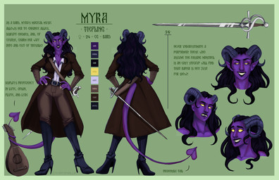 biped black_hair boots clothed clothing coat color_swatch female female_symbol footwear gender_symbol hair high_heeled_boots high_heels horn lute melee_weapon musical_instrument plucked_string_instrument purple_body purple_skin rapier shoes solo spade_tail standing string_instrument sword symbol tail teeth text topwear weapon yellow_eyes teratophallia myra_(voltscream) humanoid tiefling absurd_res english_text hi_res model_sheet