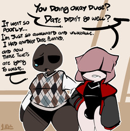 anthro bodily_fluids bulge clothed clothed_anthro clothed_male clothing dialogue duo femboy hair hair_over_eyes jacket leotard male male_anthro pattern_clothing plaid plaid_clothing sad tears text thick_thighs topwear 1upgobbo allie_(1upgobbo) hector_(1upgobbo) amphibian frog 2026 digital_media_(artwork) english_text hi_res