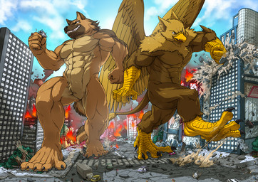 abs anthro beak brown_body building building_destruction city city_background city_crushing city_destruction cityscape claws crush destruction detailed_background duo extreme_size_difference feathered_wings feathers feet finger_claws fingers fire fur landscape_dwarfing macro macro_anthro male muscular muscular_anthro muscular_male nude outside paws pecs rampage size_difference sky smile squeezing stomping tail toe_claws toes vehicle vehicle_destruction walking wings tatugon mythology carpo stan_melgar avian canid canine canis domestic_dog german_shepherd gryphon herding_dog mammal mythological_avian mythological_creature pastoral_dog