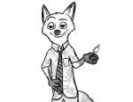 anthro bottomwear clothing eyebrows food gloves_(marking) half-closed_eyes hand_on_hip holding_object male markings narrowed_eyes necktie pants pockets popsicle raised_eyebrow shirt simple_background slacks smile solo topwear white_background humantrashmachine disney nickelodeon spongebob_squarepants zootopia nick_wilde canid canine fox mammal red_fox true_fox black_and_white comic monochrome