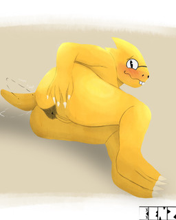 anthro anus blush butt eyewear female genitals glasses nerd presenting solo spreading tail tail_motion tailwag vulva yellow_body benzfur undertale_(series) alphys scalie 4:5 absurd_res hi_res