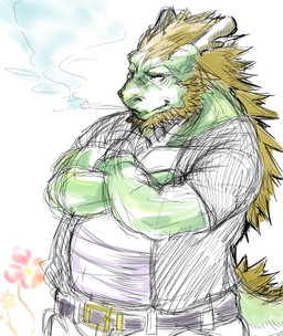 anthro beard belt black_clothing black_shirt black_topwear clothing facial_hair green_body green_scales horn male mane muscular muscular_male pipe scales shirt slightly_chubby smoking solo topwear tiluta asian_mythology east_asian_mythology morenatsu mythology tappei_midoriya dragon eastern_dragon mythological_creature mythological_scalie scalie 2015