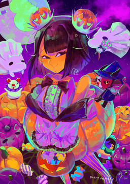 alternative_fashion ambiguous_gender bangs black_eyes black_hair blunt_bangs bob_cut breasts broom cleaning_tool clothed clothing deco_lolita decora_(fashion) detailed_background dress eyebrows female feral floating_arms floating_head food fruit group hair hat headgear headwear j-fashion jack-o'-lantern lolita_(fashion) micro multicolored_body plant pumpkin smile split_color whiskers white_body witch_hat yellow_body usagimarumei ena_(series) ena_(web_series) ena_(joel_g) full-happiness_ena hourglass_dog_(ena) moony_(ena) shepherd_(ena) canid canine canis domestic_dog ena_(species) ghost humanoid living_moon mammal sphere_creature spirit digital_media_(artwork) hi_res