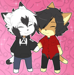 anthro anthro_on_anthro biped black_clothing black_hair black_hoodie black_topwear bottomwear chibi clothing countershade_face countershade_fur countershading dipstick_ears dipstick_tail duo ear_markings eye_patch eyebrows eyes_closed eyewear fur hair hand_holding hoodie intraspecies male male/male markings multicolored_ears pants red_clothing red_shirt red_topwear shirt smile tail tail_markings topwear white_body white_fur white_hair munkeesgomu ereki_kagami munks_(munkeesgomu) domestic_cat felid feline felis mammal hi_res