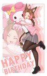 ahoge blowup_background bottomwear braided_hair brown_hair clothing eyes_closed female footwear hair happy hug hugging_object hugging_plushie legwear multicolored_hair open_mouth pantyhose pink_hair plushie ponytail shoes simple_background skirt smile solo iwbitu animal_humanoid humanoid mammal mammal_humanoid 2024 hi_res