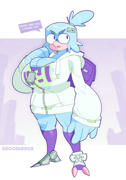 accessory anthro backpack beak big_breasts big_zipper blue_body blue_feathers breasts bulging_breasts cleavage clothed clothing dialogue eyewear feather_hands feathers female footwear furgonomic_footwear furgonomics glasses hair hair_accessory hair_tie hairclip hoodie huge_breasts legwear print_clothing print_hoodie print_topwear prosthetic prosthetic_foot purple_backpack purple_clothing purple_legwear round_glasses solo text tied_hair topwear white_clothing white_hoodie white_topwear zipper doodledox verity_(doodledox) avian bird 2023 english_text