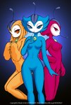 2000 anthro biped blue_body blue_eyes breasts butt butt_from_the_front dr_comet featureless_breasts female fumoon group hi_res lady_rococo orange_body orange_eyes osamu_tezuka pink_body pink_eyes standing