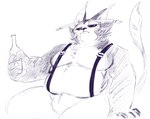 alcohol anthro belly beverage bottle bulge clothed clothing container ears_up fur holding_alcohol male muscular overweight partially_clothed simple_background solo suspenders topless scarythesustire hazbin_hotel husk_(hazbin_hotel) demon domestic_cat felid felid_demon feline felis mammal digital_media_(artwork) sketch