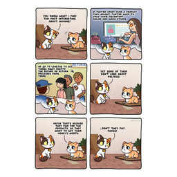 clothed clothing dialogue duo female feral hair male open_mouth tail text kashicats cali_(kashicats) mido_(kashicats) domestic_cat felid feline felis mammal 1:1 comic digital_media_(artwork) english_text