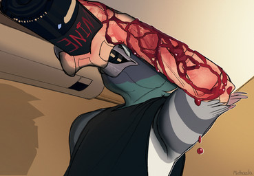 alcohol alcohol_bottle andromorph beverage beverage_bottle blood blood_on_arm bodily_fluids bottle container drinking gore grey_body grin intersex self-harm smile solo talon_hands mothaala aggron_(mothaala) avian bird columbid pigeon hi_res