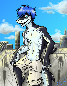 anthro biped blue_hair clothed clothing cloud hair male outside sky smile solo standing tail topless year mnemoniche saphie_the_shark aquatic fish shark 2012