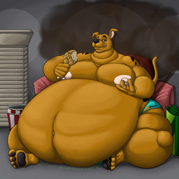 anthro belly box bucket chicken_meat clothing container fart food fried_chicken male meat moobs navel nipples obese overweight pillow pizza solo speedo swimwear wolfgerlion64 hanna-barbera scooby-doo_(series) scooby-doo canid canine canis domestic_dog great_dane mammal mastiff molosser 1:1 absurd_res hi_res