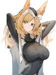 blonde_hair blue_eyes blush breasts clothed clothing female fur hair headgear inner_ear_fluff looking_at_viewer simple_background smile solo tuft white_body white_fur mikojin arknights hypergryph studio_montagne whislash_(arknights) animal_humanoid equid equid_humanoid equine equine_humanoid humanoid mammal mammal_humanoid 2021 half-length_portrait hi_res portrait