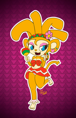 accessory anthro barefoot big_breasts biped blue_eyes bottomwear breasts clothed clothing ear_piercing eyelashes feet female flower flower_in_hair fur hair hair_accessory kerchief maraca miniskirt musical_instrument navel orange_body orange_fur panties percussion_instrument piercing plant pose skirt smile solo tail two_piece_suit underwear mossycl amiga haplorhine mammal monkey primate absurd_res hi_res