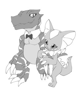 anthro arm_hug blush bow_tie claws duo female frill_(anatomy) male pecs smile phantom_phony bandai_namco digimon blackagumon_x digimon_(species) elizamon scalie x-digimon hi_res monochrome