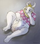 beard blonde_hair clothing crown diaper facial_hair feces fur hair headgear horn implied_erection long_ears male scatplay shirt soiled_diaper soiling solo stairs topwear unclean_diaper used_diaper white_body white_fur flax_(artist) undertale undertale_(series) asgore_dreemurr boss_monster_(undertale) bovid caprine mammal hi_res