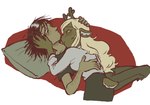 5_fingers anthro antlers black_hair blonde_hair blush blush_lines bottomwear breasts buckteeth caressing_face caressing_head clothing duo ears_back eye_contact female female_anthro fingers furgonomics hair hand_on_partner's_back hand_on_partner's_head head_on_pillow horn hug human_on_anthro inner_ear_fluff interspecies long_hair looking_at_another lying male male/female male_human messy_hair on_back pants pillow pivoted_ears romantic romantic_couple scut_tail shirt short_tail simple_background slim slim_anthro slim_female slim_male t-shirt tail teeth topwear tuft white_background hellspawnmotel deltarune undertale_(series) kris_(deltarune) noelle_holiday deer human mammal new_world_deer reindeer 2025 english_description