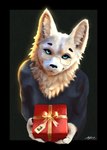 anthro blue_eyes box christmas_present clothed clothing container ear_tuft eyebrows eyewear female fur gift gift_box gift_wrapped glasses holidays inner_ear_fluff looking_at_viewer neck_tuft simple_background smile solo text topwear tuft white_body white_fur alytarch christmas lynn_(deltav) canid canine canis mammal 2024 absurd_res digital_drawing_(artwork) digital_media_(artwork) digital_painting_(artwork) hi_res portrait signature watermark