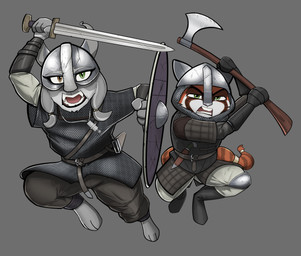 ambiguous_gender anthro armor axe barefoot belt brown_eyes chainmail cheek_tuft chin_tuft clothed clothing duo facial_tuft fangs feet furgonomics green_eyes grey_background headgear helmet heterochromia holding_axe holding_melee_weapon holding_object holding_sword holding_weapon knife looking_at_viewer melee_weapon midair open_mouth scabbard sheathed_weapon shield simple_background sword teeth tuft weapon yitexity cas_(casvoiceacts) mike_(mickelpickelvoiceacts) ailurid felid feline lynx mammal red_panda 2019 hi_res