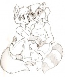 2008 anthro black_and_white bottomwear canid canine clothing dingbat duo eye_contact female fox looking_at_another mammal monochrome pants piercing plantigrade procyonid raccoon romantic romantic_couple shorts simple_background sitting smile tail white_background