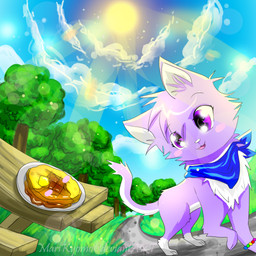 blue_kerchief blue_neckerchief blue_sky blush bracelet clothing cloud day detailed_background feral food fur glistening glistening_eyes grass head_tuft jewelry kerchief light neckerchief neckwear nude open_mouth outside pink_blush pink_tongue plant purple_body purple_eyes purple_fur scarf sky solo sparklefur sun sunlight tail tongue tree tuft waffle white_body white_fur white_inner_ear white_nose mari-kyomo youtube kiya_lina domestic_cat felid feline felis mammal 1:1 2014 cel_shading digital_drawing_(artwork) digital_media_(artwork) shaded